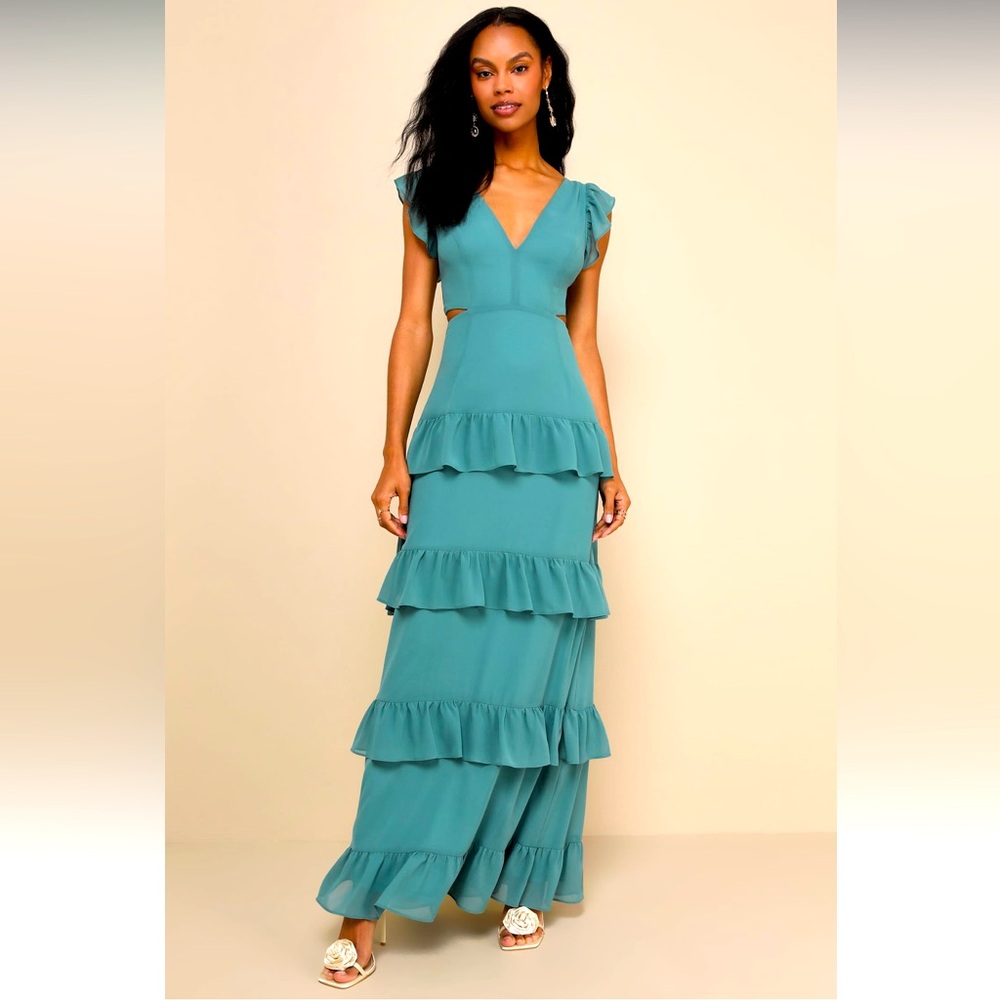 Lulus Elegant Mentality Teal Blue Ruffled Tiered Cutout Maxi Dress